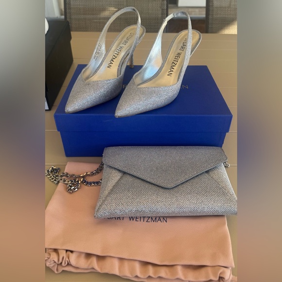Stuart Weitzman Silver Glitter Slingback Pumps with Matching Envelope Clutch - Picture 2 of 11